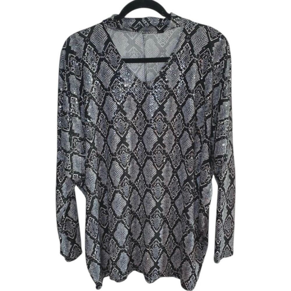 Snake Print Sequin Choker Neck Top Medium Black Gray Open V Neck Tunic Stretch